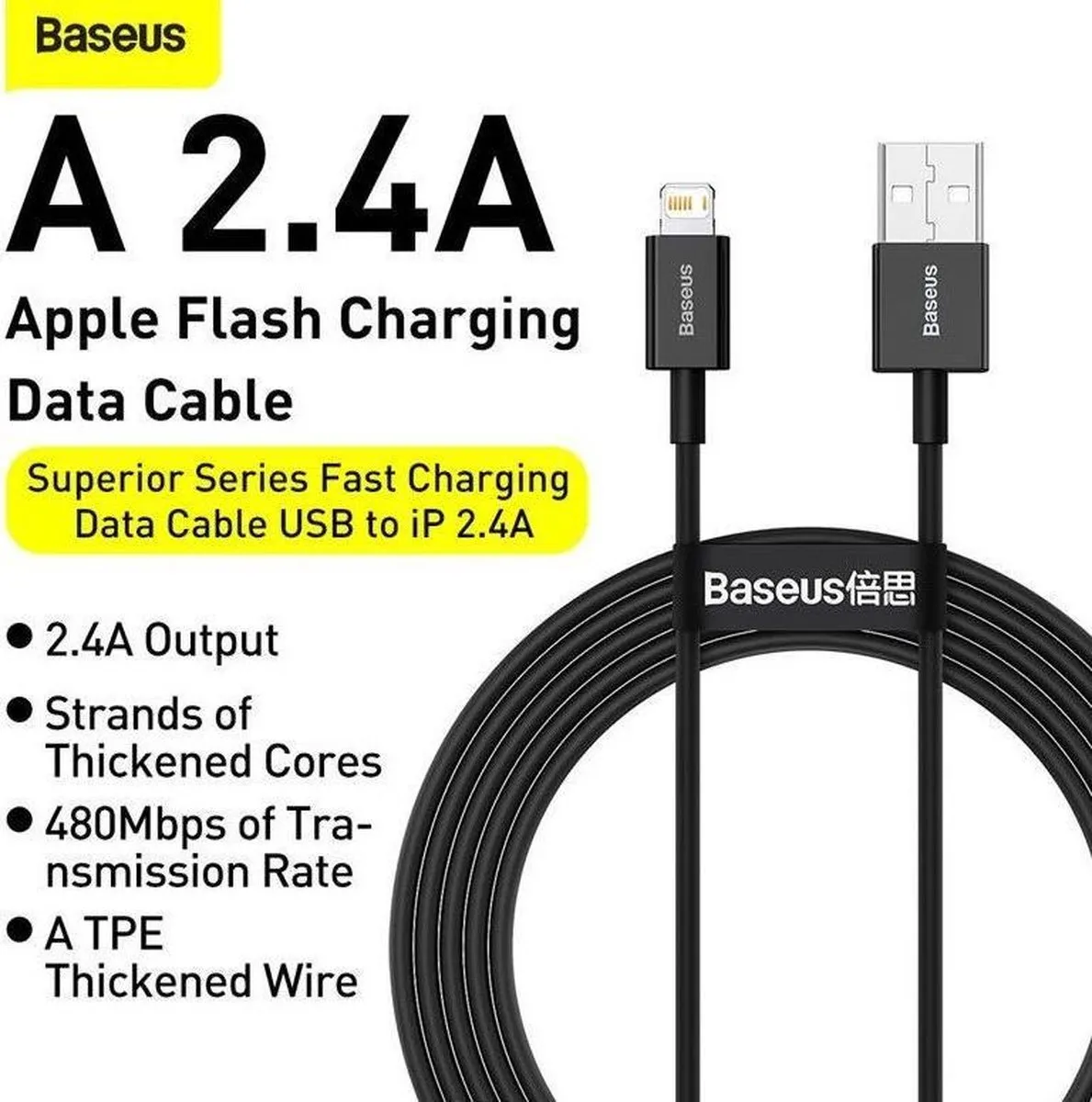 Baseus Superior Series CALYS-C01 USB naar Lightning Kabel - 2m - Zwart