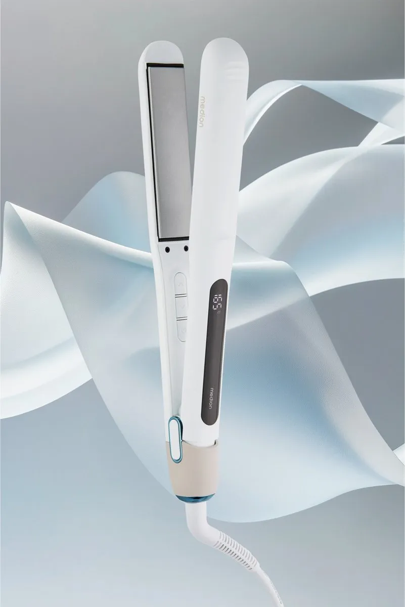MEDION HS1 stijltang met display (5 instelbare warmtestanden, flexibele keramische/tourmaline verwarmingsplaten met temperatuursensor, stijltang) wit