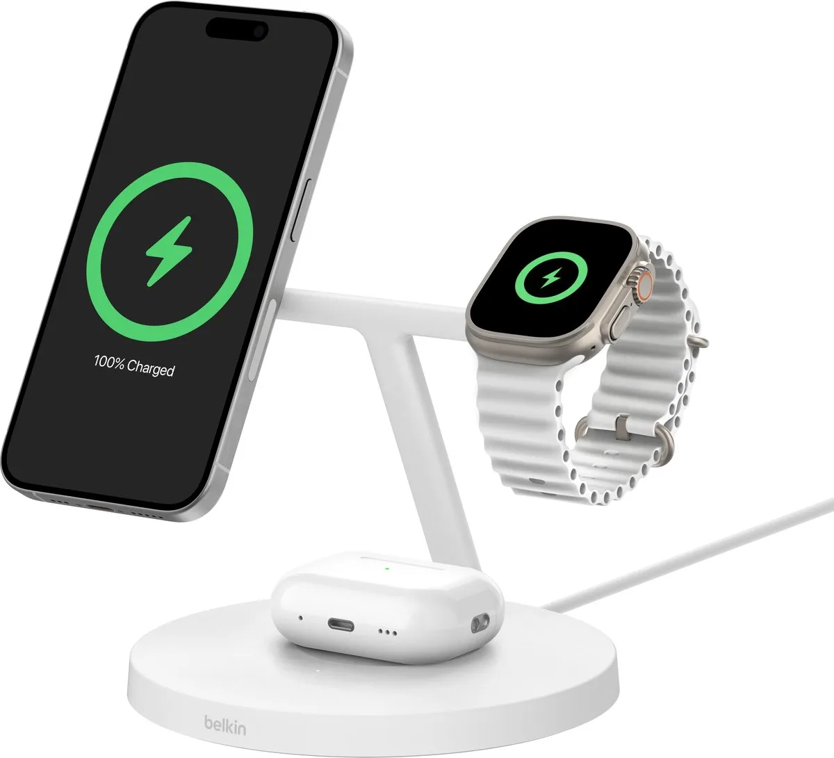 Belkin WIZ032kqWH 3-in-1 Qi2 Draadloze Oplader - 15W - Wit