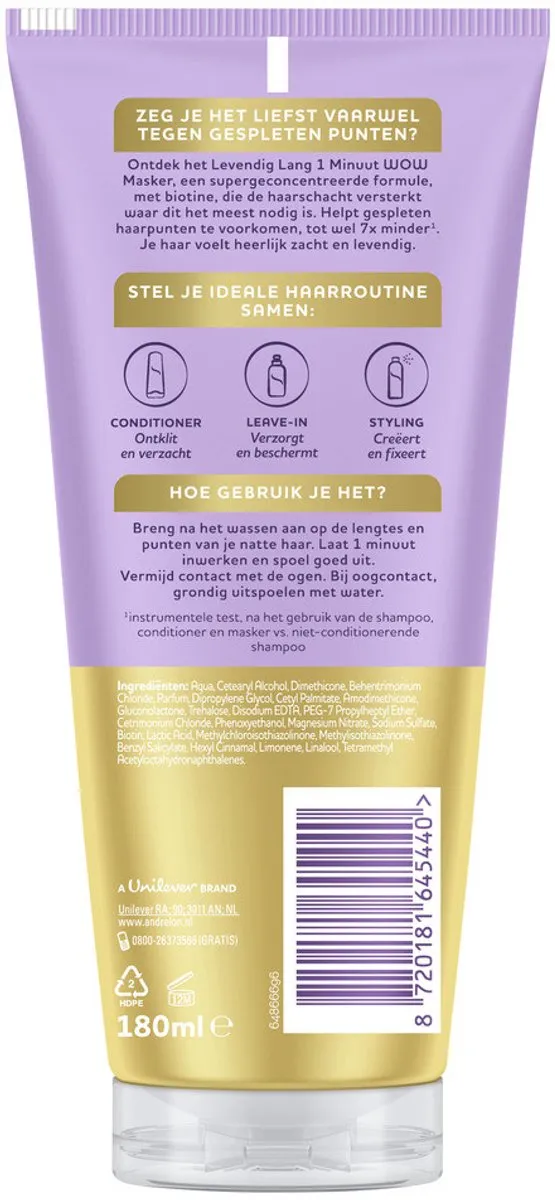 Andrélon Levendig Lang Haarmasker 1 Minuut - 180ml - 6 Stuks