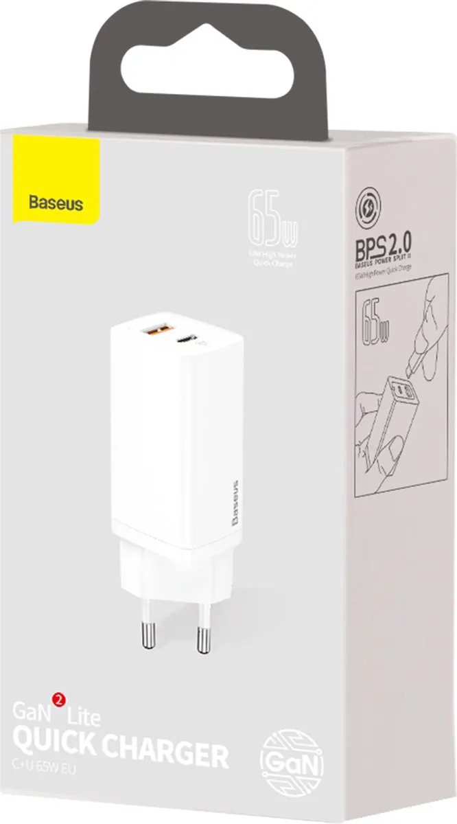 Baseus GaN2 Lite 65W Oplader - USB-C + USB-A - Wit - afbeelding 6 van 6