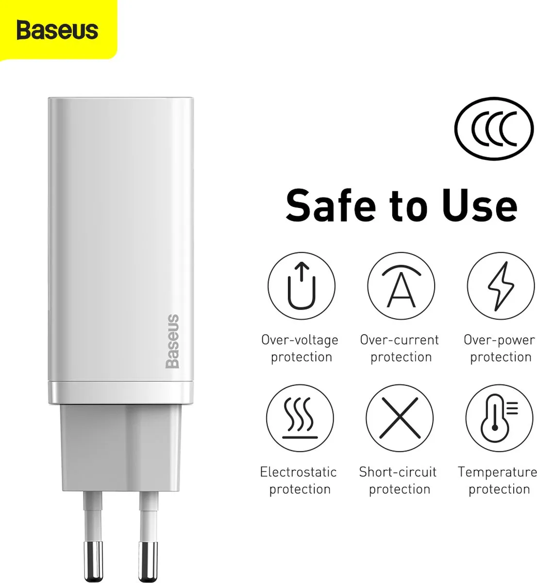 Baseus GaN2 Lite 65W Oplader - USB-C + USB-A - Wit
