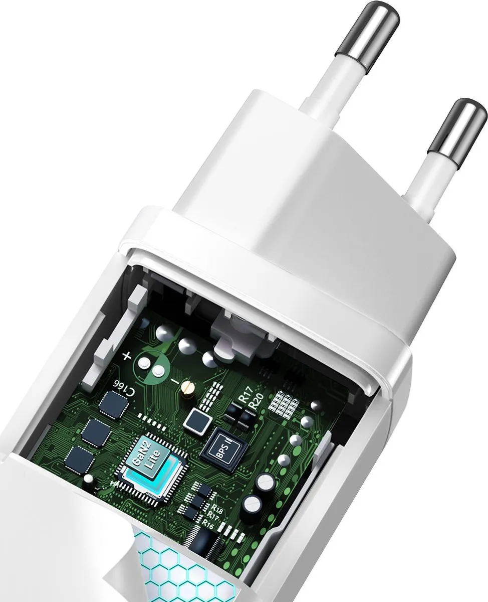 Baseus GaN2 Lite 65W Oplader - USB-C + USB-A - Wit