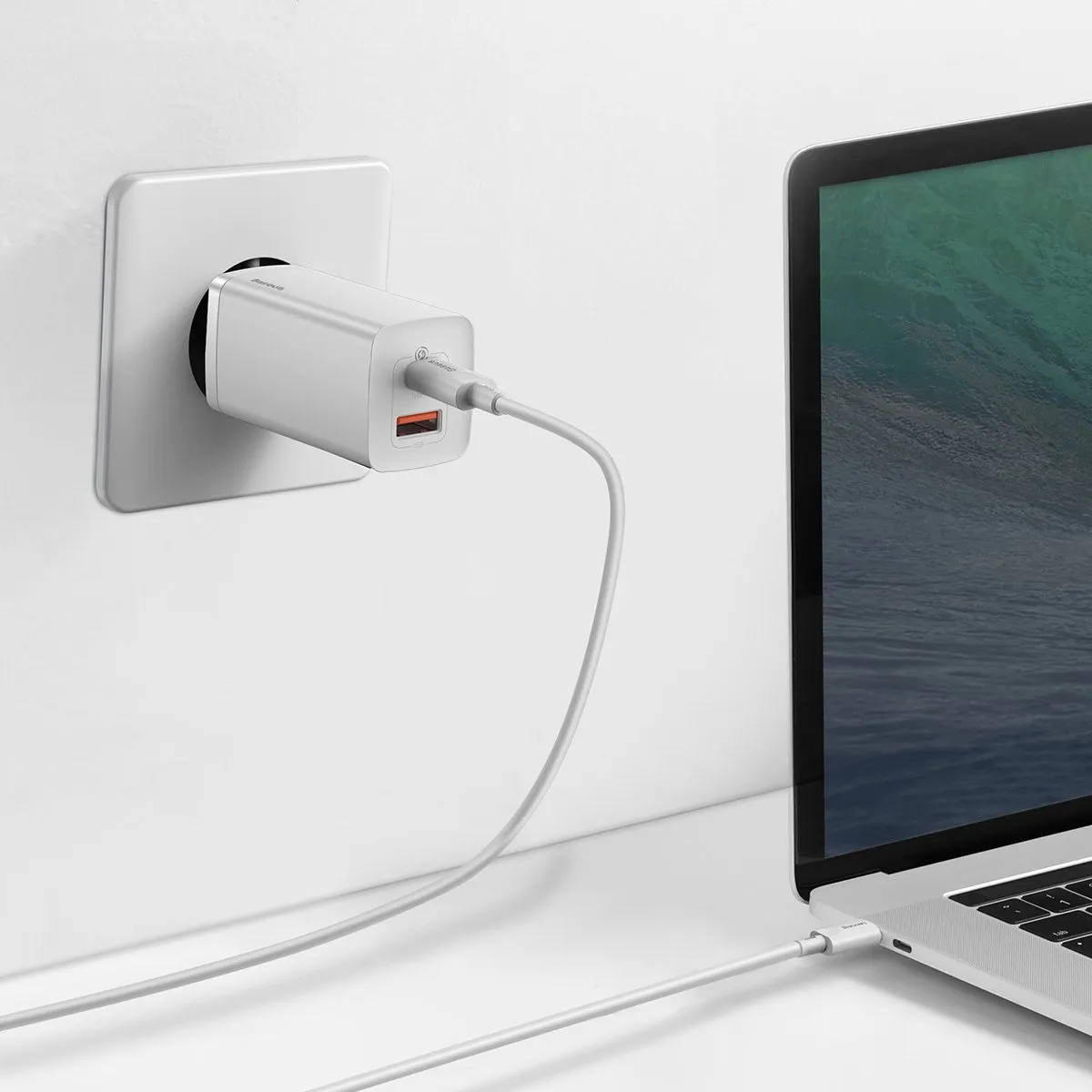 Baseus GaN2 Lite 65W Oplader - USB-C + USB-A - Wit