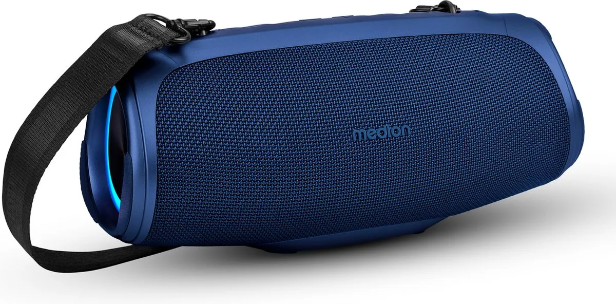 MEDION P61746 draagbare Bluetooth luidspreker (oplaadbare batterij, bass boost, RGB lichteffecten, IPX7 waterbescherming & robuust, geïntegreerde powerbank, 2x 15 W RMS) Blauw