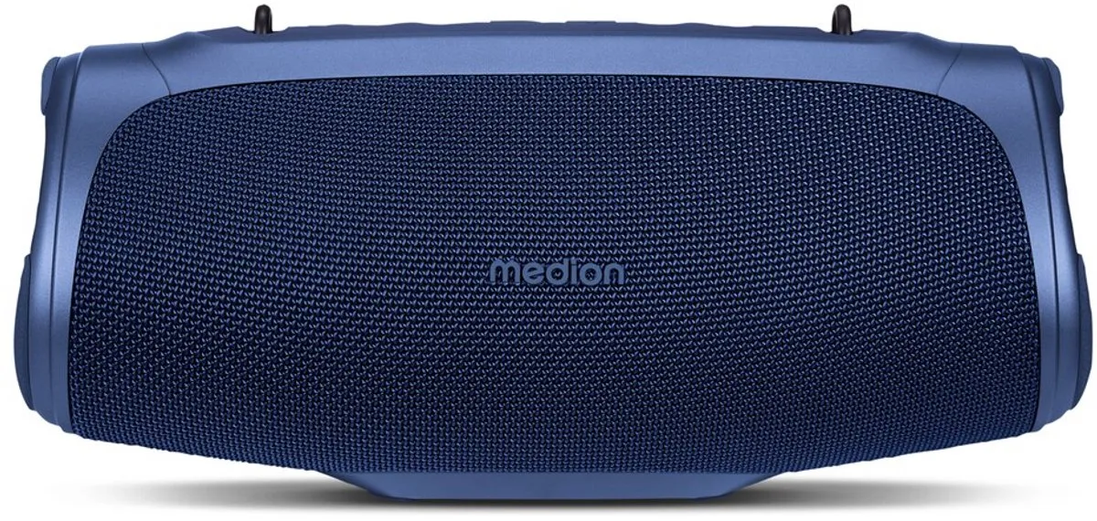 MEDION P61746 draagbare Bluetooth luidspreker (oplaadbare batterij, bass boost, RGB lichteffecten, IPX7 waterbescherming & robuust, geïntegreerde powerbank, 2x 15 W RMS) Blauw