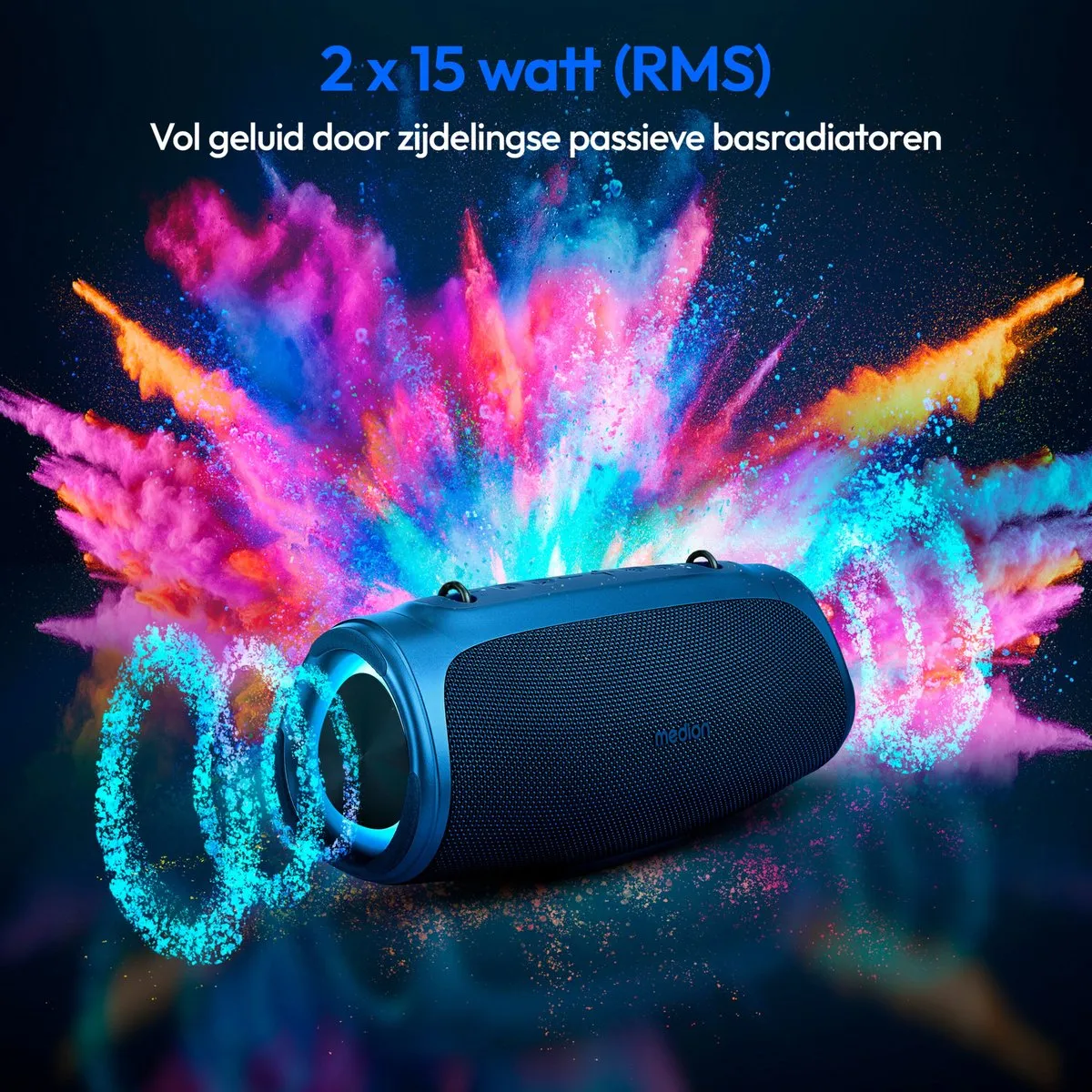 MEDION P61746 draagbare Bluetooth luidspreker (oplaadbare batterij, bass boost, RGB lichteffecten, IPX7 waterbescherming & robuust, geïntegreerde powerbank, 2x 15 W RMS) Blauw