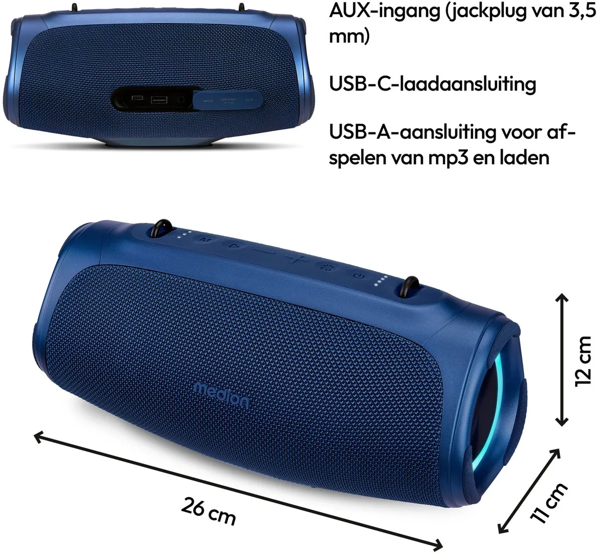 MEDION P61746 draagbare Bluetooth luidspreker (oplaadbare batterij, bass boost, RGB lichteffecten, IPX7 waterbescherming & robuust, geïntegreerde powerbank, 2x 15 W RMS) Blauw
