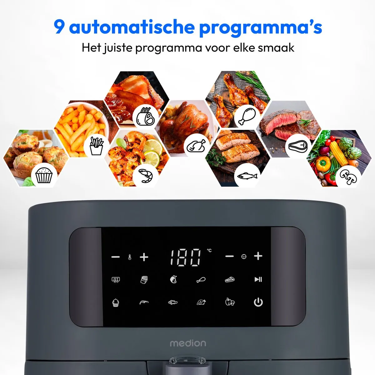 Medion E40 XL Airfryer 5,2L - 2.150W - 9 Programma's - Matgrijs
