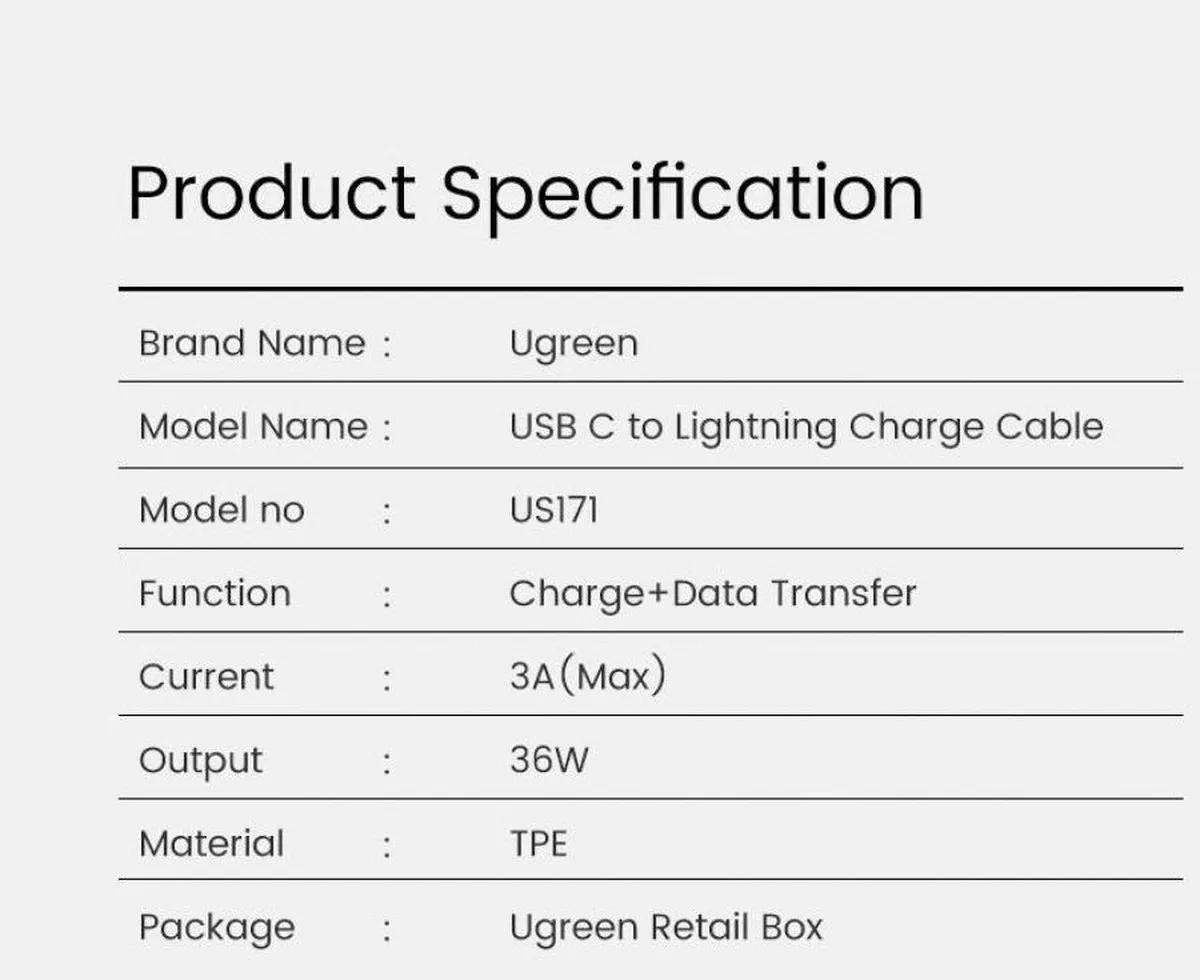 UGREEN USB-C naar Lightning MFI Kabel 36W 1.5m - Wit