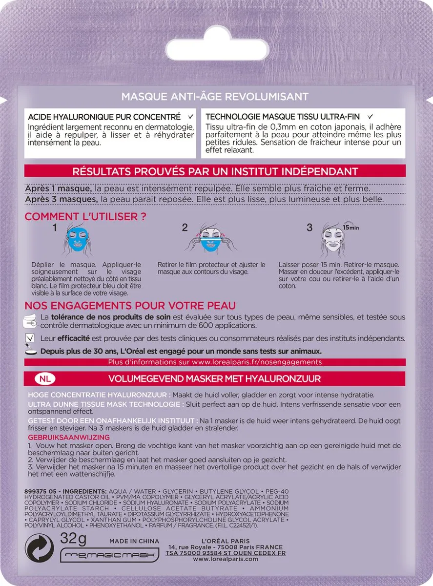 L'Oréal Paris Revitalift Hyaluronzuur Tissue Masker - 32g