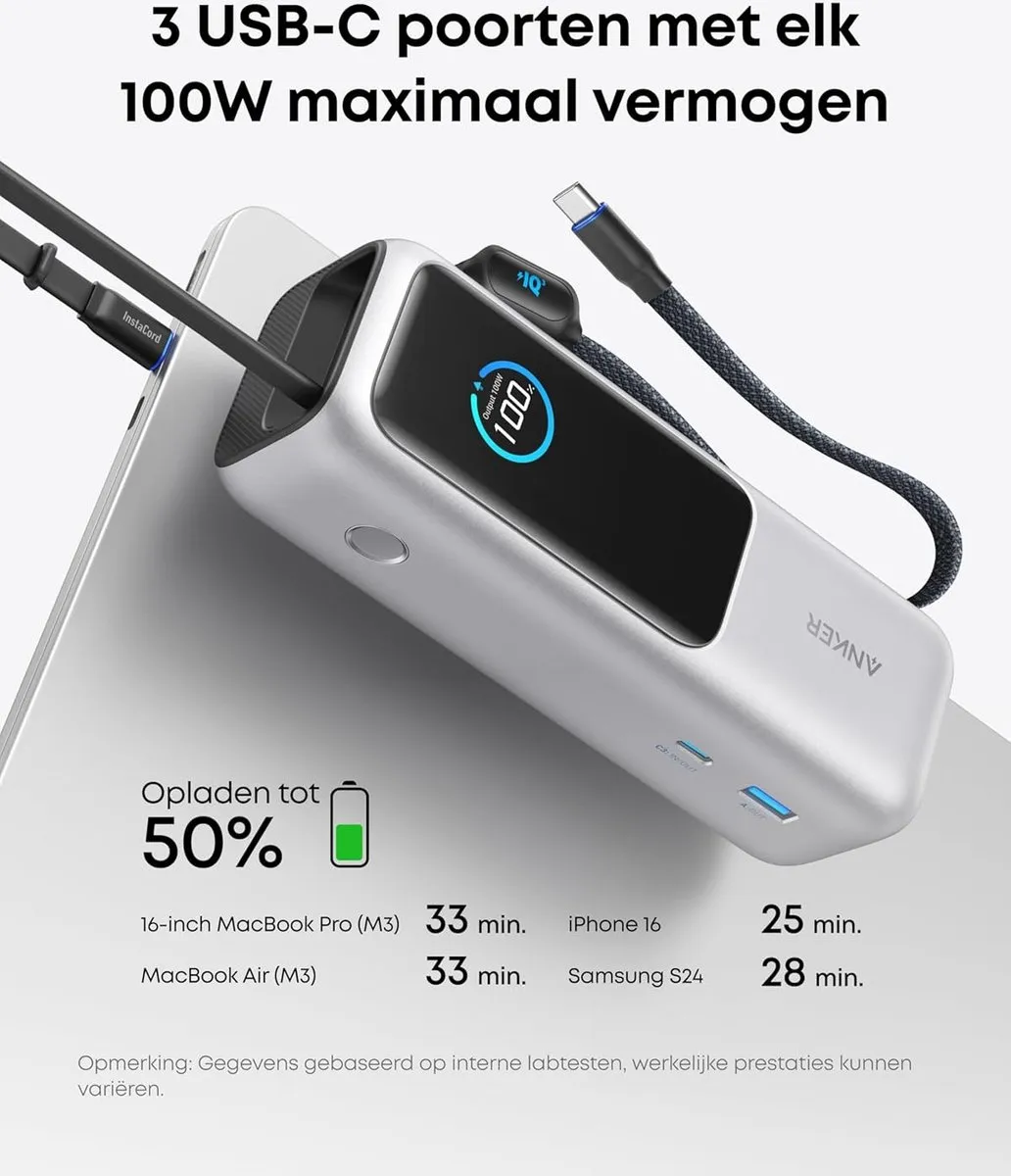 Anker Power Bank A1695H11 25.000mAh - 3x 100W USB-C - Zilver