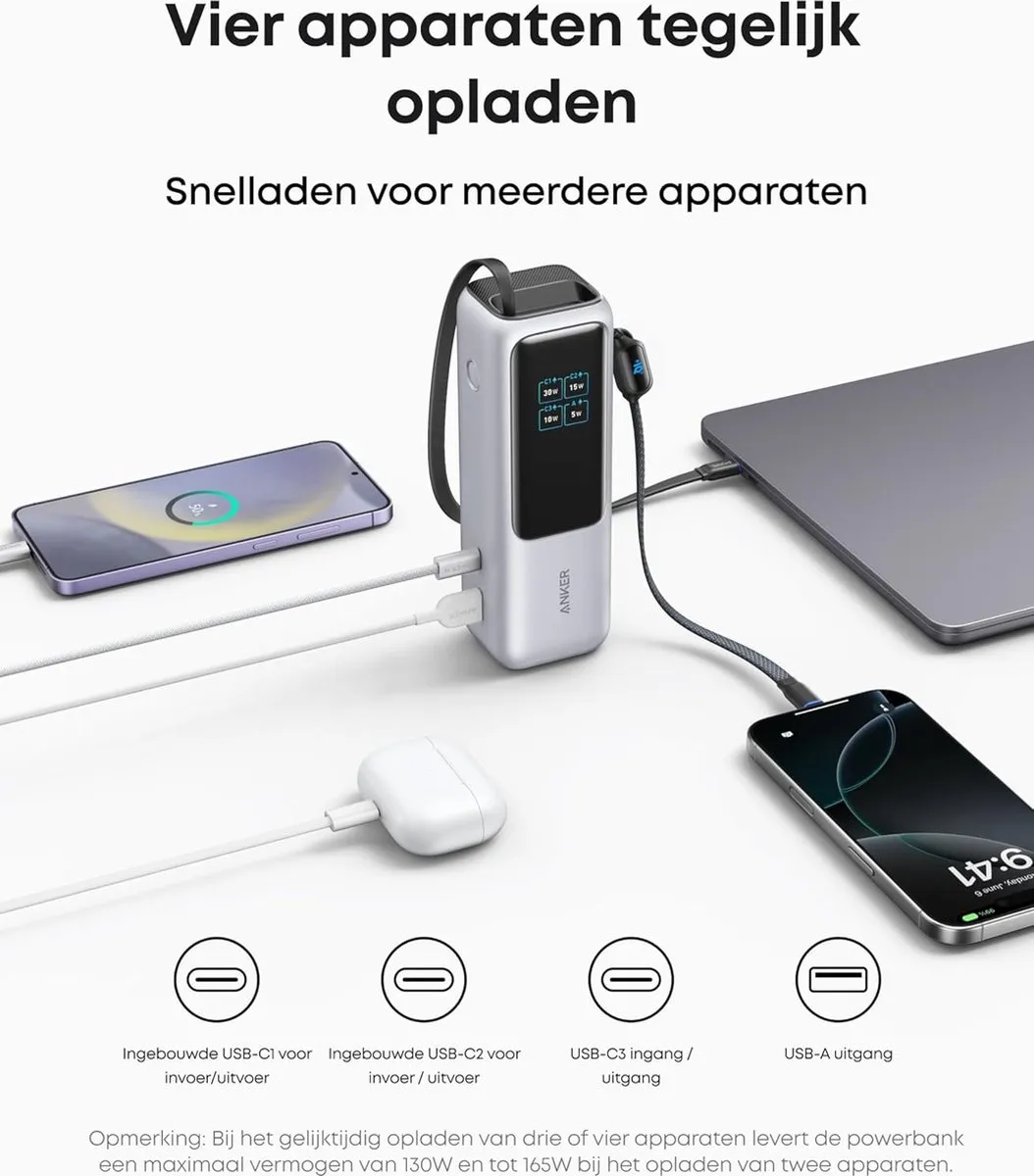 Anker Power Bank A1695H11 25.000mAh - 3x 100W USB-C - Zilver