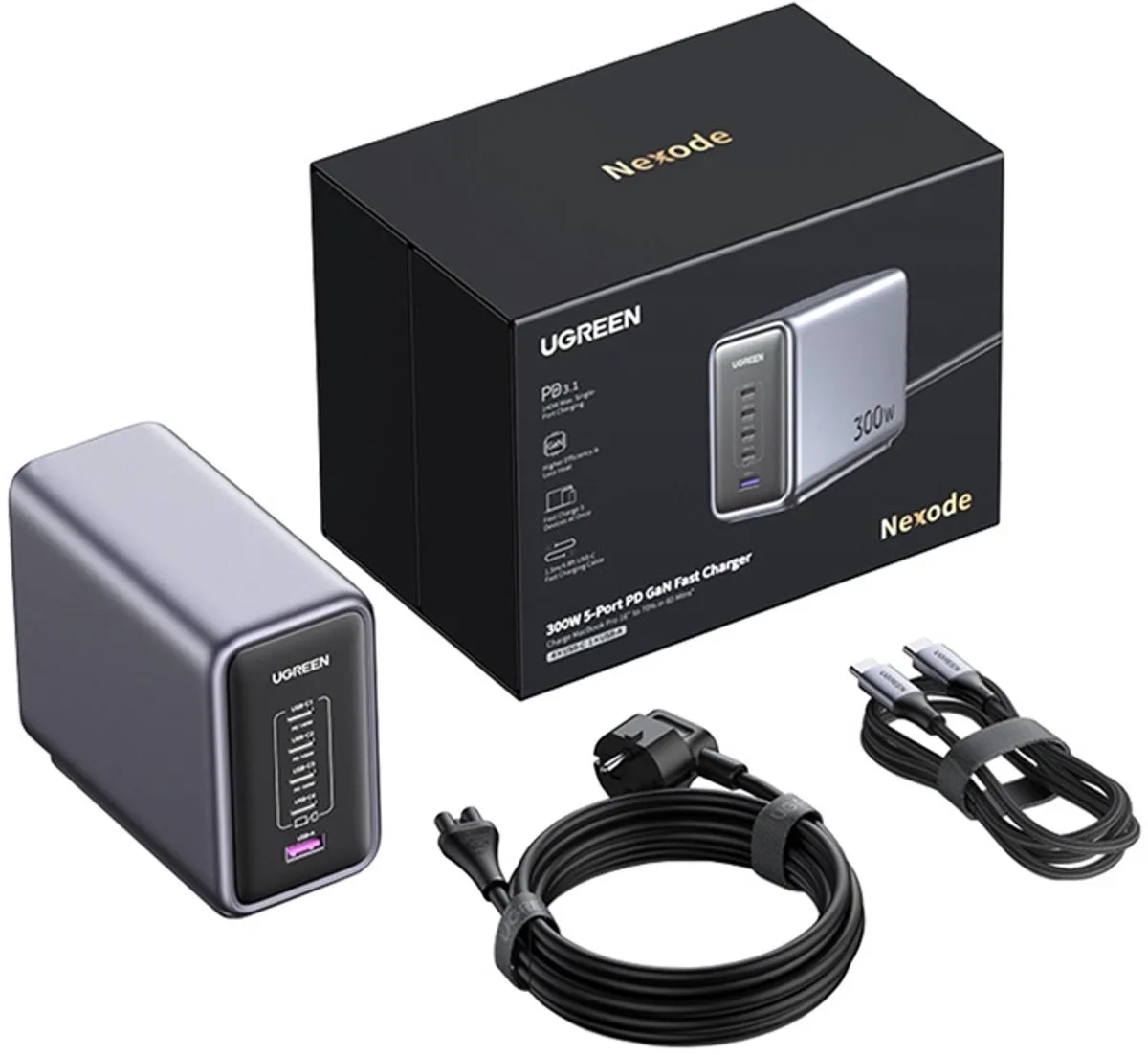 UGREEN Nexode 300W GaN USB-C Oplader 5 Poorten - PPS - Donker Grijs - afbeelding 6 van 6