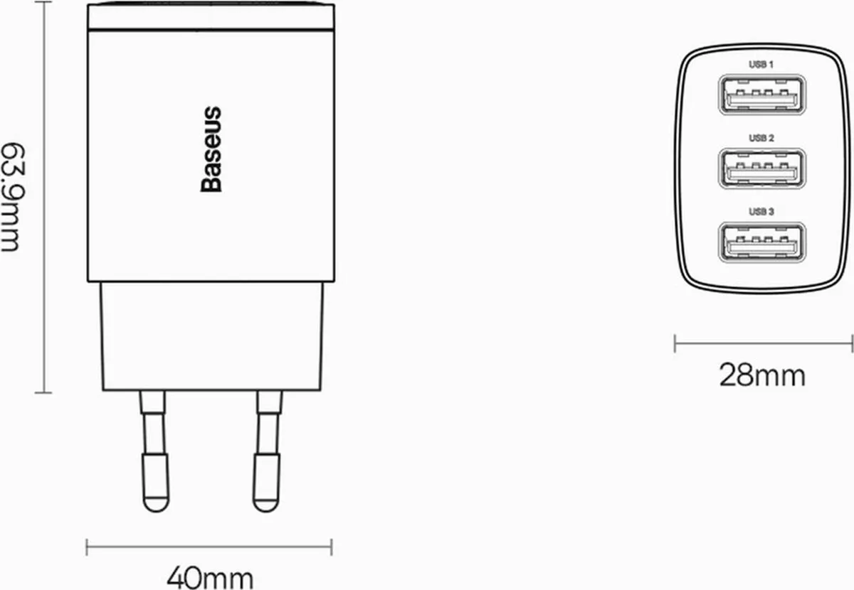 Baseus 0294 Compacte Oplader 17W - 3x USB-A - Wit