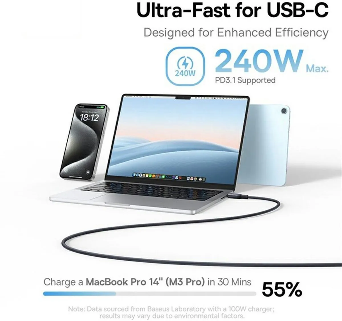 Baseus PicoGo USB-C Kabel 240W 1m - Zwart