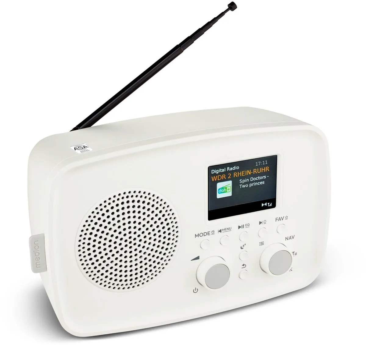 MEDION DAB+ radio met Bluetooth DRE-1 (DAB Plus, FM-radio, druppelbescherming, telescoopantenne, wekker, sluimerfunctie, instelbare display-dimmer, ASA-noodwaarschuwingssysteem), wit