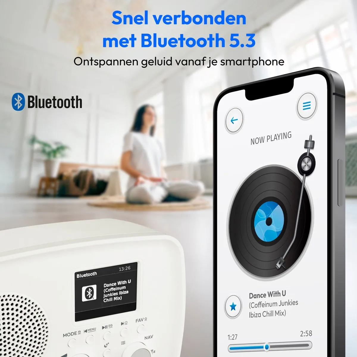 MEDION DAB+ radio met Bluetooth DRE-1 (DAB Plus, FM-radio, druppelbescherming, telescoopantenne, wekker, sluimerfunctie, instelbare display-dimmer, ASA-noodwaarschuwingssysteem), wit