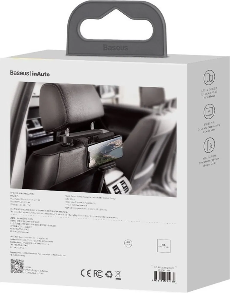Baseus Telefoonhouder Auto Hoofdsteun Draadloos Opladen - Zwart - afbeelding 3 van 6