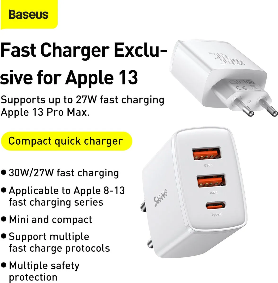 Baseus CCXJ-E02 Compact Oplader 30W - 2x USB-A + USB-C - Wit - afbeelding 6 van 6