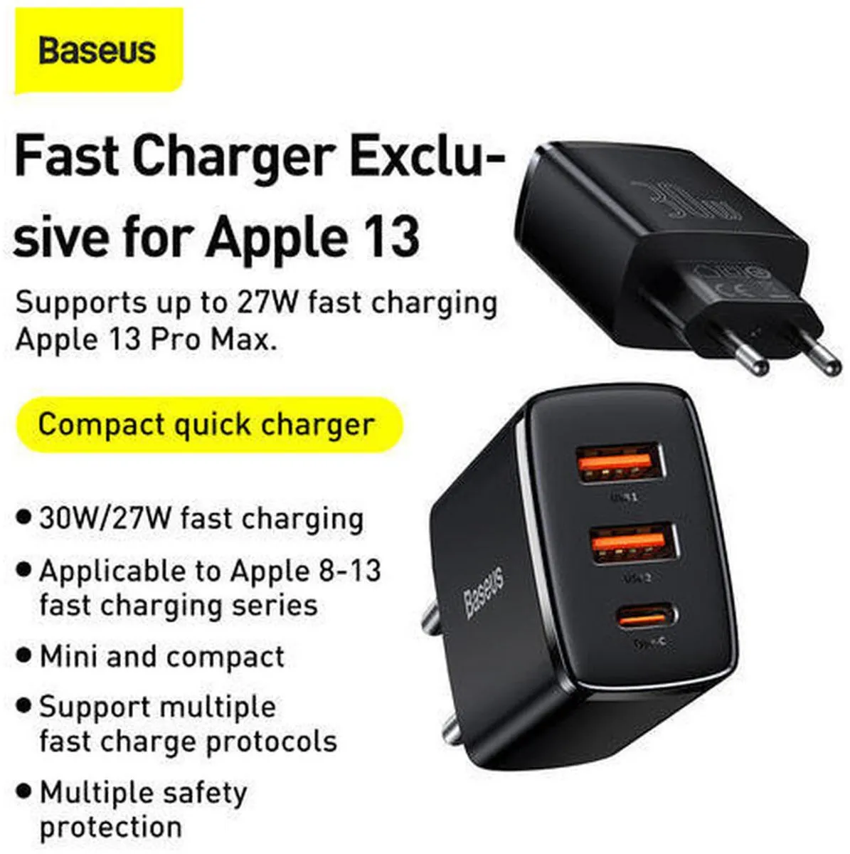 Baseus CCXJ-E02 Compact Oplader 30W - 2x USB-A + USB-C - Wit