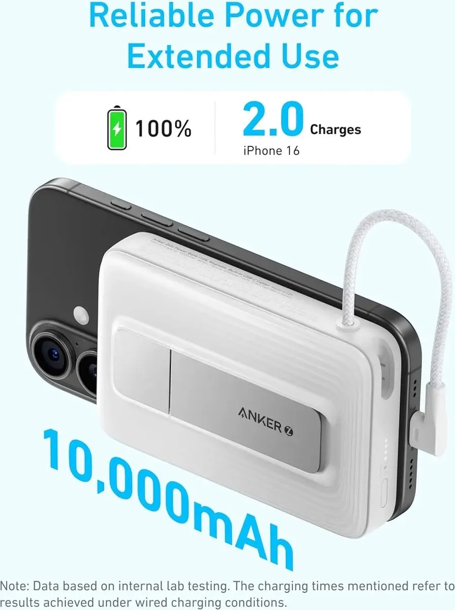 Anker New Zolo Magnetische Powerbank, Draagbare 10000mAh Draadloze Externe Batterij met 30W Max Snelladen, Ingebouwde USB-C Kabel en Verstelbare Stand Wit