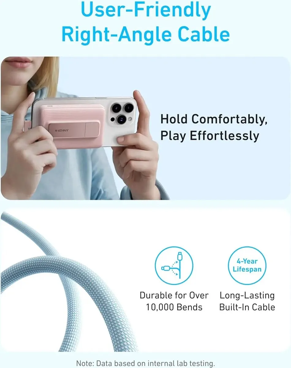 Anker New Zolo Magnetische Powerbank, Draagbare 10000mAh Draadloze Externe Batterij met 30W Max Snelladen, Ingebouwde USB-C Kabel en Verstelbare Stand Wit