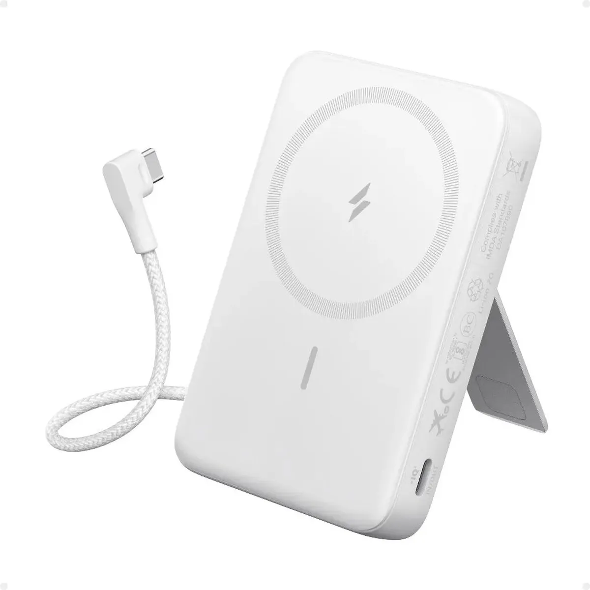 Anker New Zolo Magnetische Powerbank, Draagbare 10000mAh Draadloze Externe Batterij met 30W Max Snelladen, Ingebouwde USB-C Kabel en Verstelbare Stand Wit