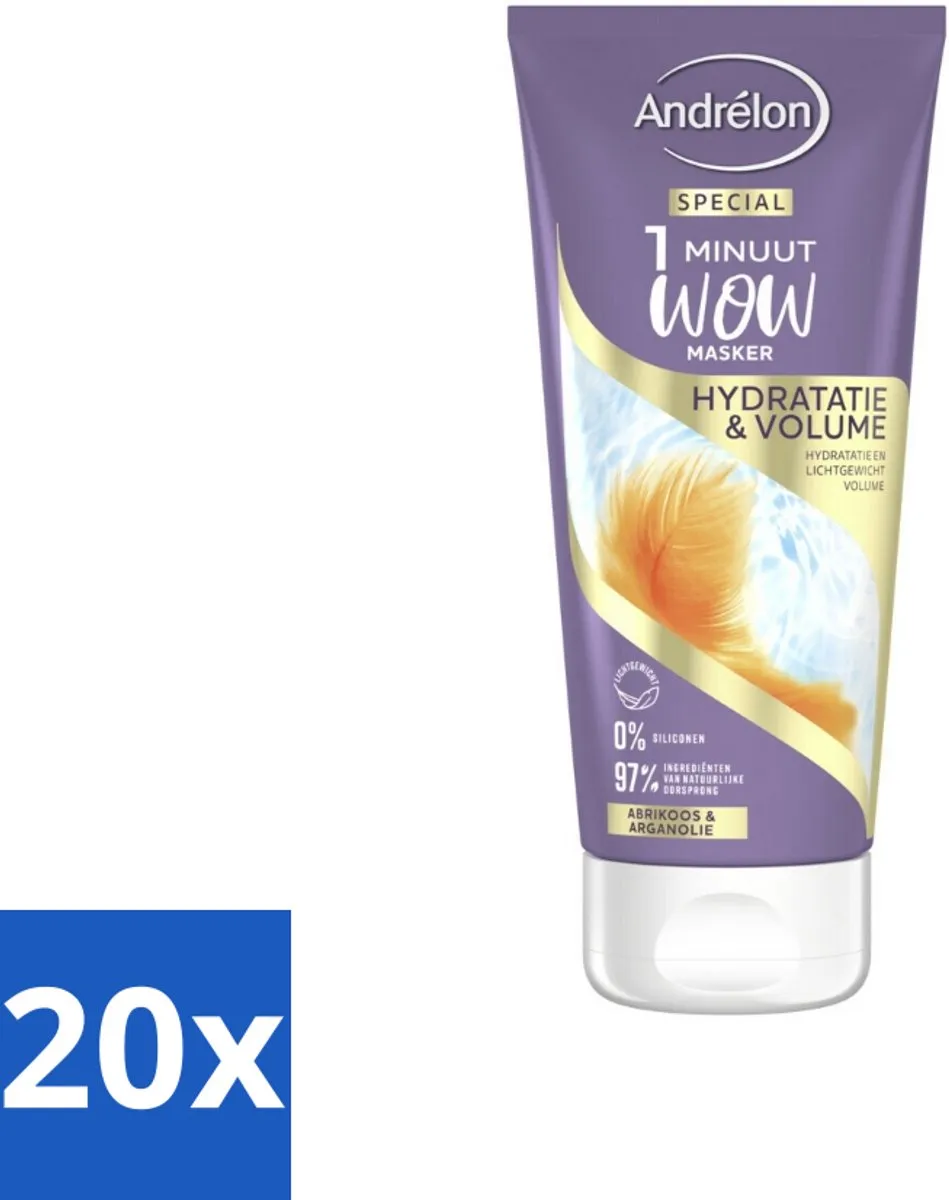 20 x Andrélon - WOW - 1 Minuut Masker - Hydratatie & Volume - 180 ml - 1 Minuut Masker - Hydraatatie - Volume Haar - Fijn Haar Verzorging - Luchtig Haar