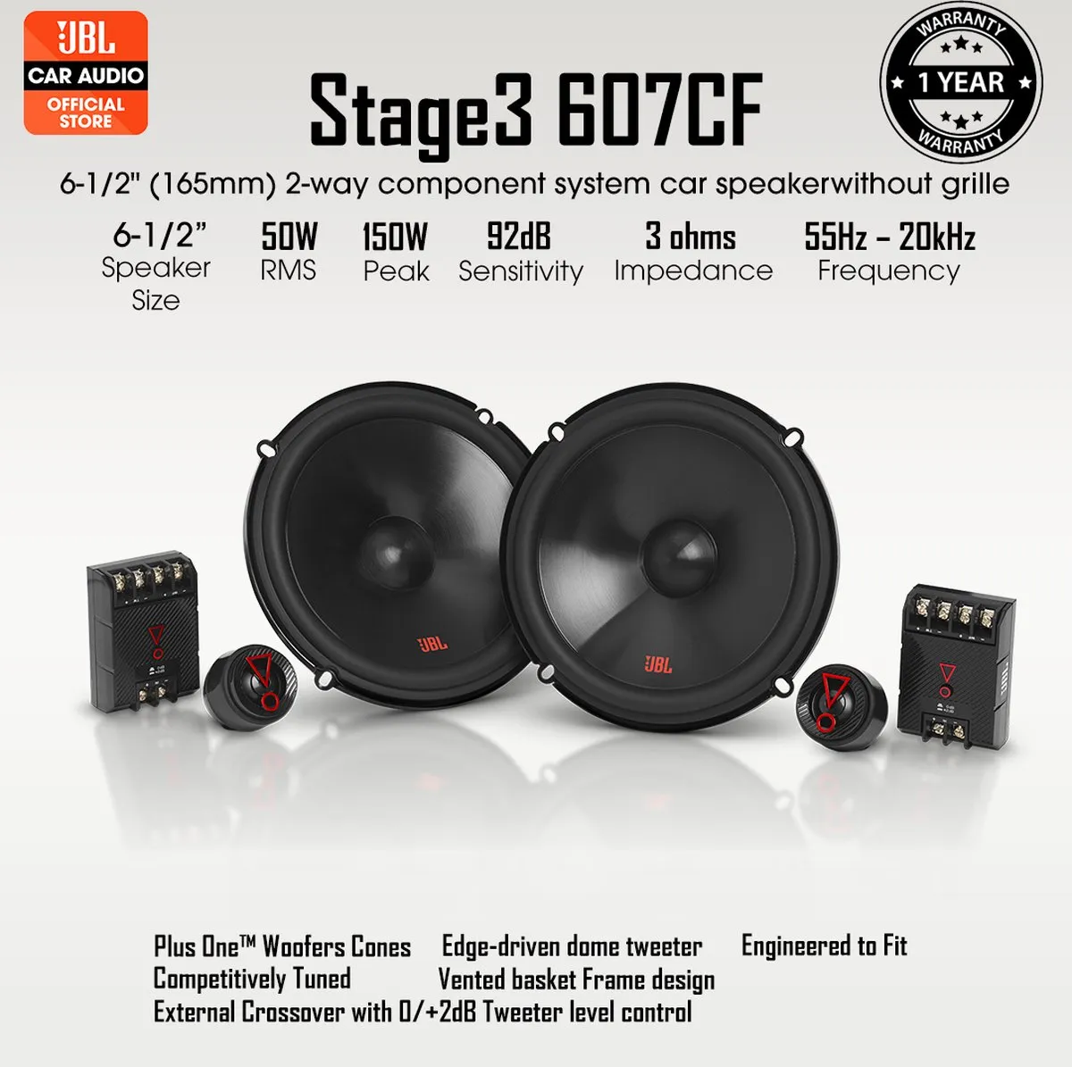JBL Stage3 607CF - Autospeakers - 16,5 cm - 2-weg Composet - 250 Watt - Zonder Grill - Zwart