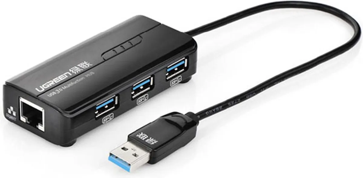 Ugreen UGREEN-20265 USB Hub 3.0 & Ethernet - 3x USB 5Gbps 1x RJ45 1000Mbps - Zwart