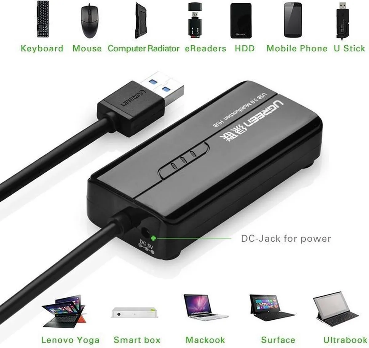 Ugreen UGREEN-20265 USB Hub 3.0 & Ethernet - 3x USB 5Gbps 1x RJ45 1000Mbps - Zwart