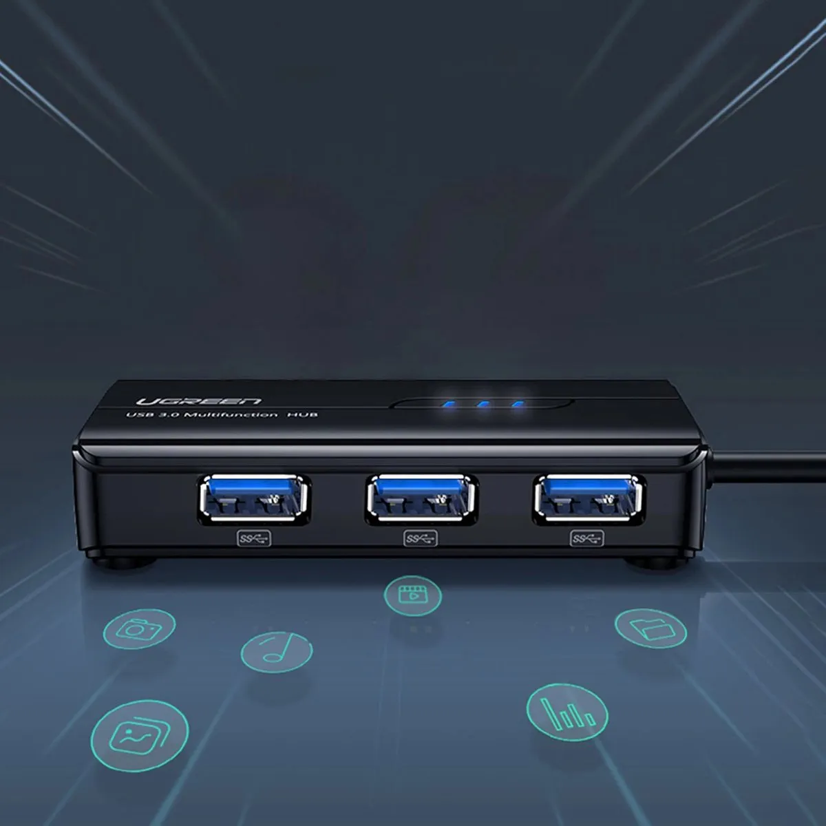 Ugreen UGREEN-20265 USB Hub 3.0 & Ethernet - 3x USB 5Gbps 1x RJ45 1000Mbps - Zwart