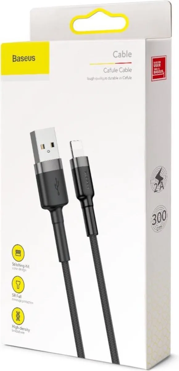 Baseus Cafule USB naar Lightning Kabel 3m - 3A - Zwart/Grijs