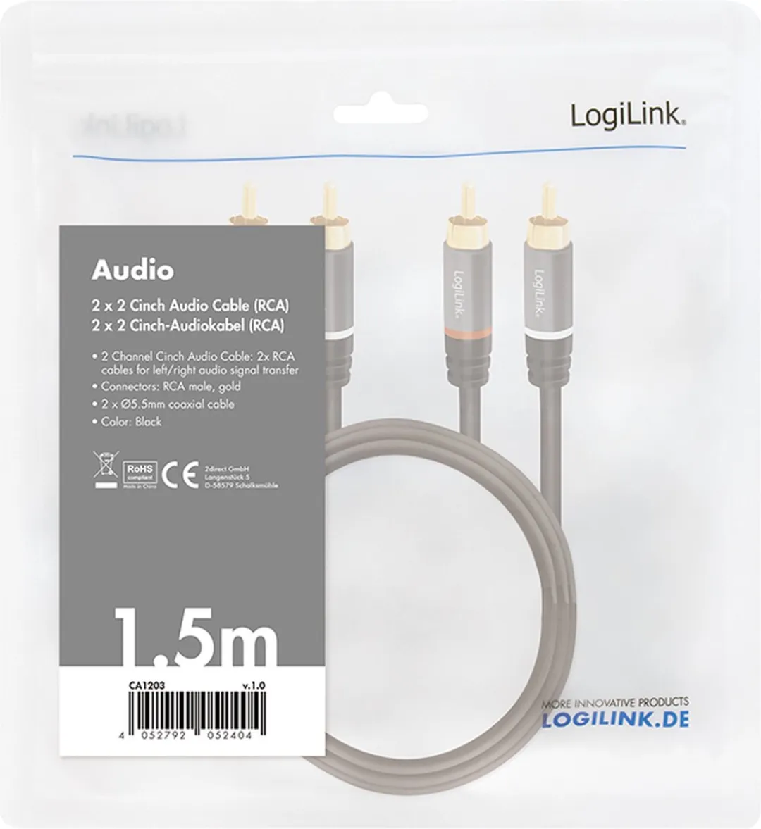 Logilink CA1203 Cinch Audio Kabel 1.5m - Zwart