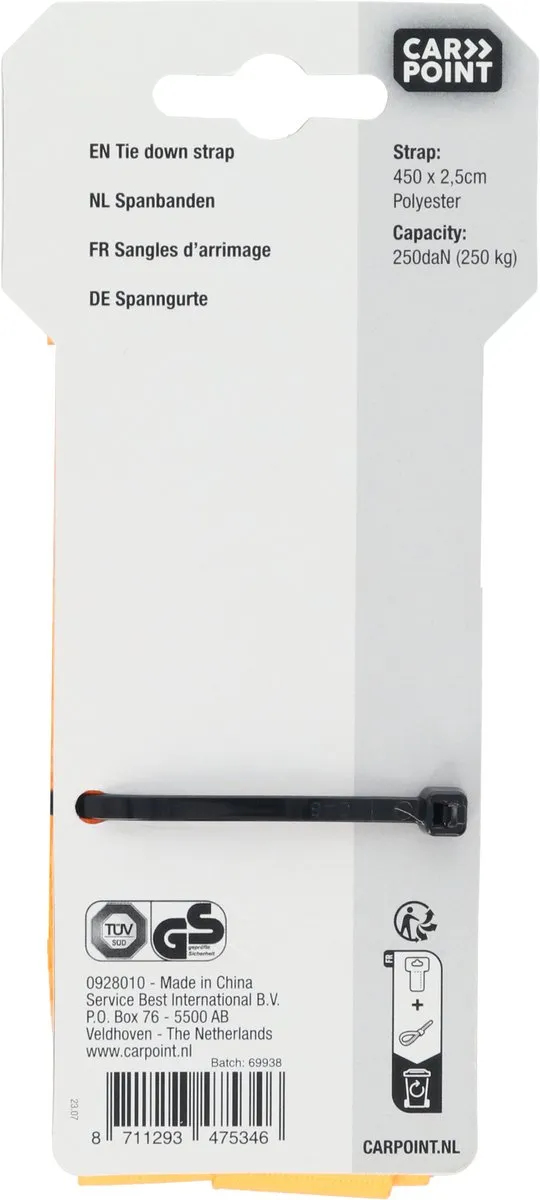 Carpoint Spanbanden 4,5m 25mm - 250kg - 2 Stuks - Oranje