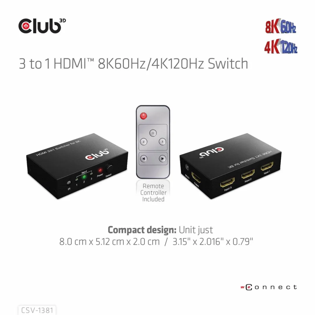 Club3D CSV-1381 HDMI Switch 3x1 - 8K60Hz/4K120Hz