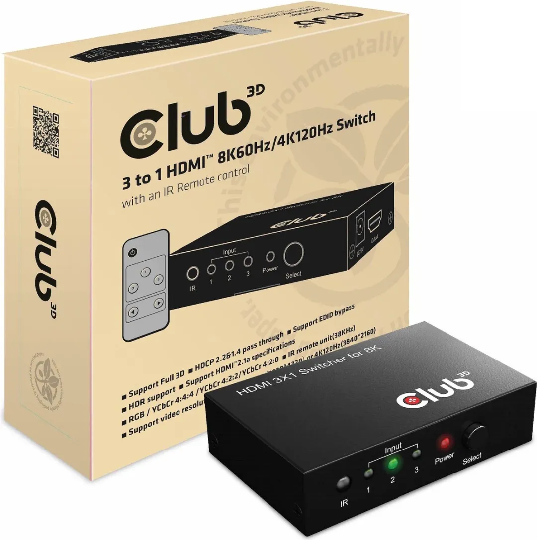 Club3D CSV-1381 HDMI Switch 3x1 - 8K60Hz/4K120Hz