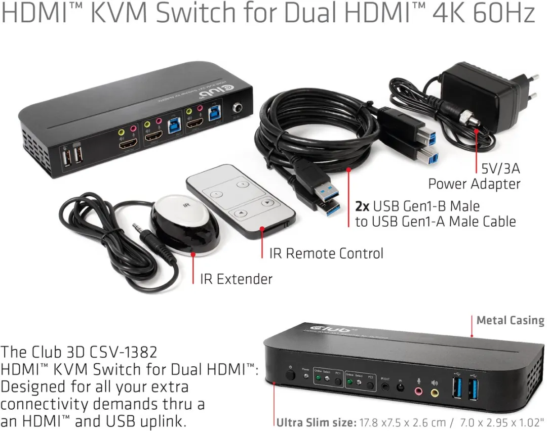 Club3D 1829883 HDMI KVM Switch Dual 4K60Hz - afbeelding 6 van 6