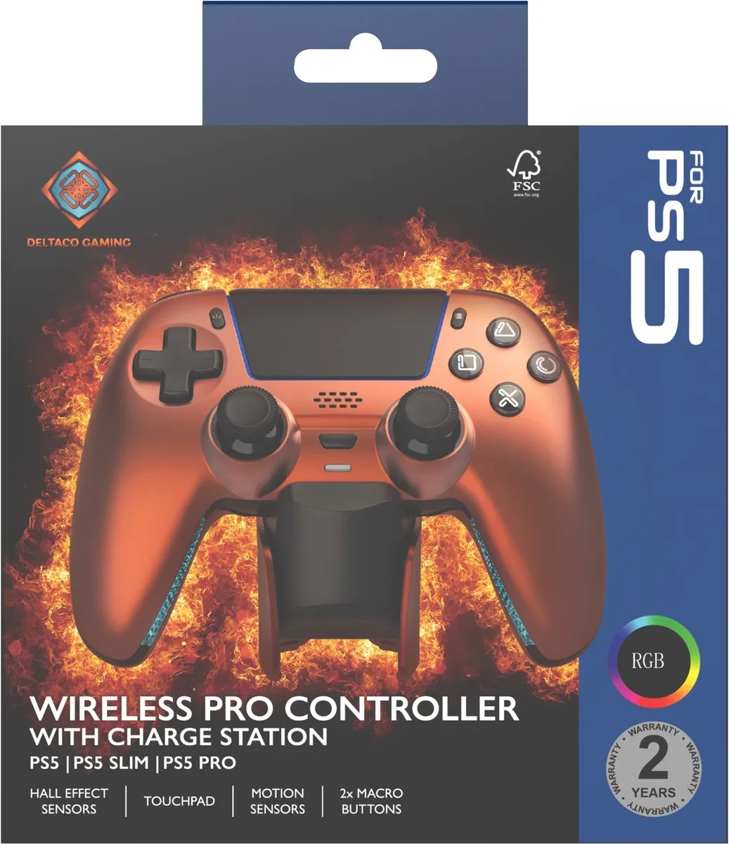 Deltaco Gaming Draadloze Pro Controller + Oplaadstation - Hall-Effect - Oranje/Koper - PS5/PC/Mobile
