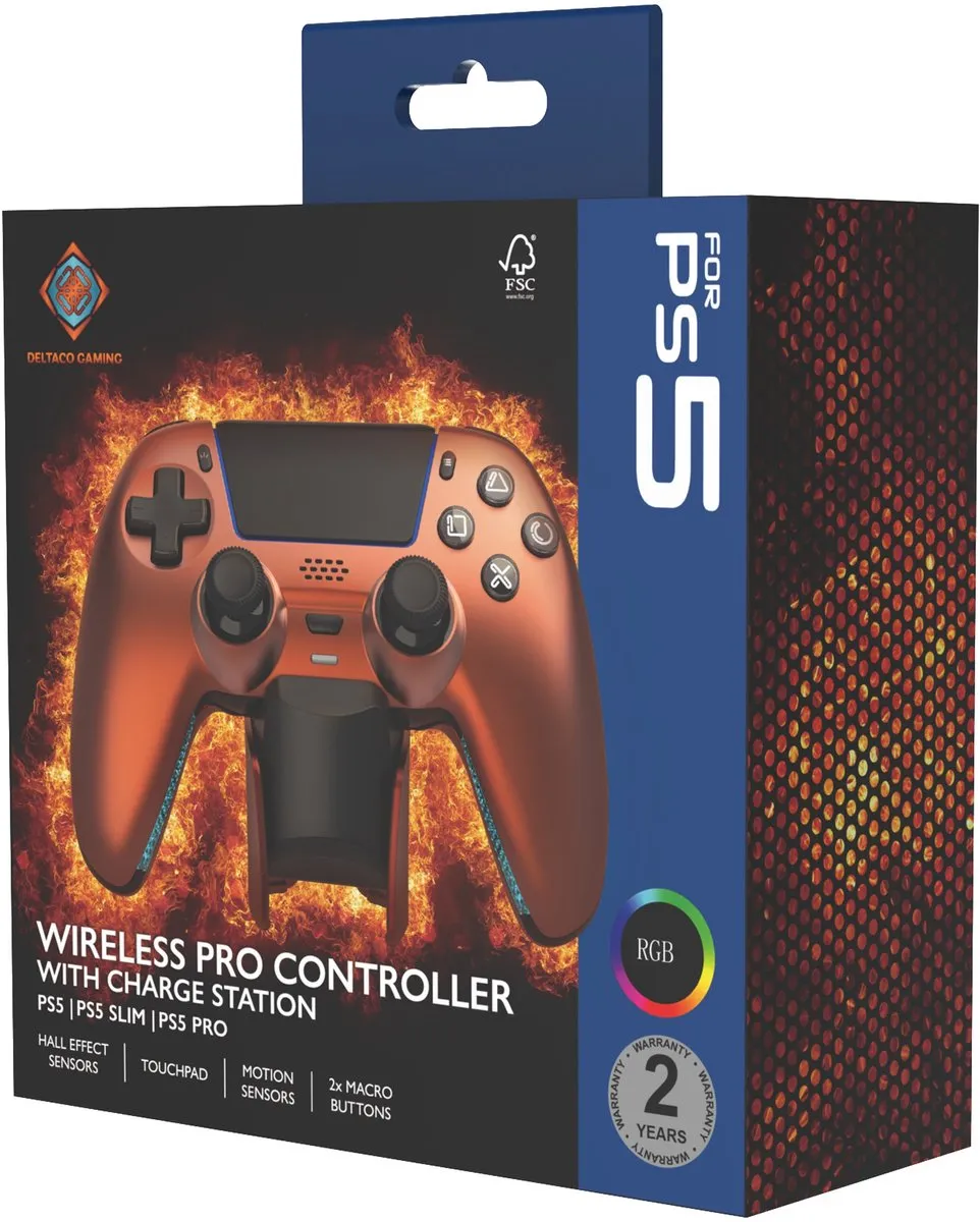 Deltaco Gaming Draadloze Pro Controller + Oplaadstation - Hall-Effect - Oranje/Koper - PS5/PC/Mobile