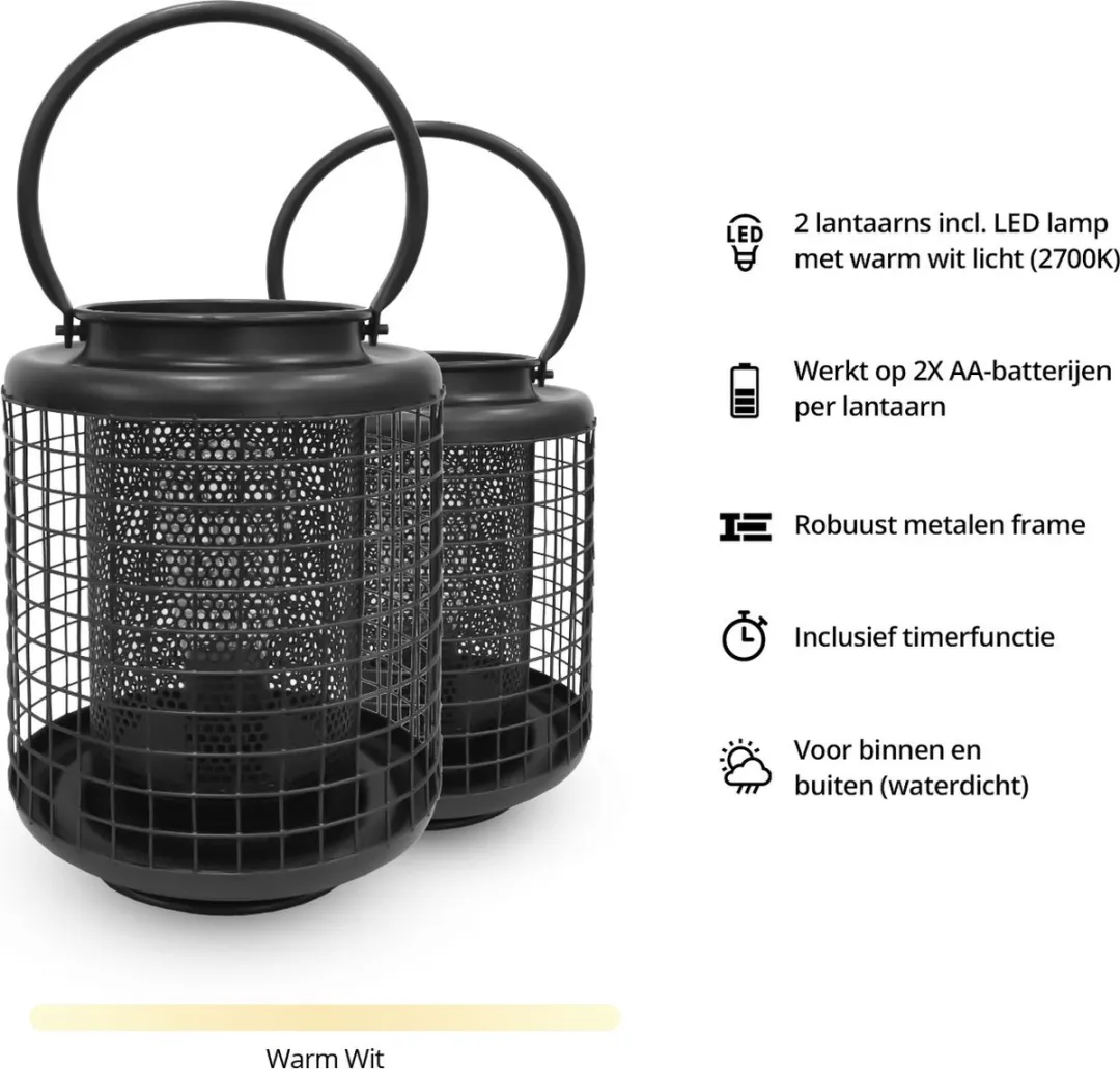 FlinQ Industriële Lantaarn Set - 2x Zwart 2700K