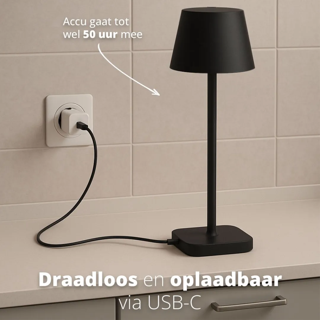FlinQ Lume Oplaadbare Tafellamp - 3 Lichtstanden - Zwart