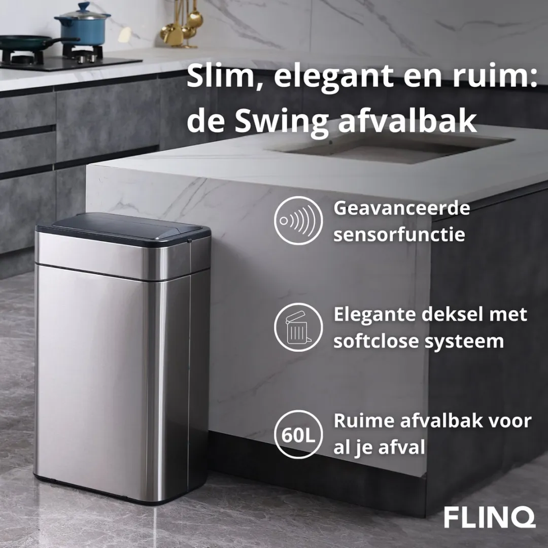 FlinQ Swing Sensor Prullenbak 60L - Zilver