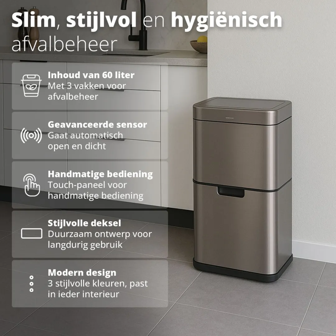 FlinQ Senzaro Prullenbak 60L - 2 Vakken - Roestvrij Staal