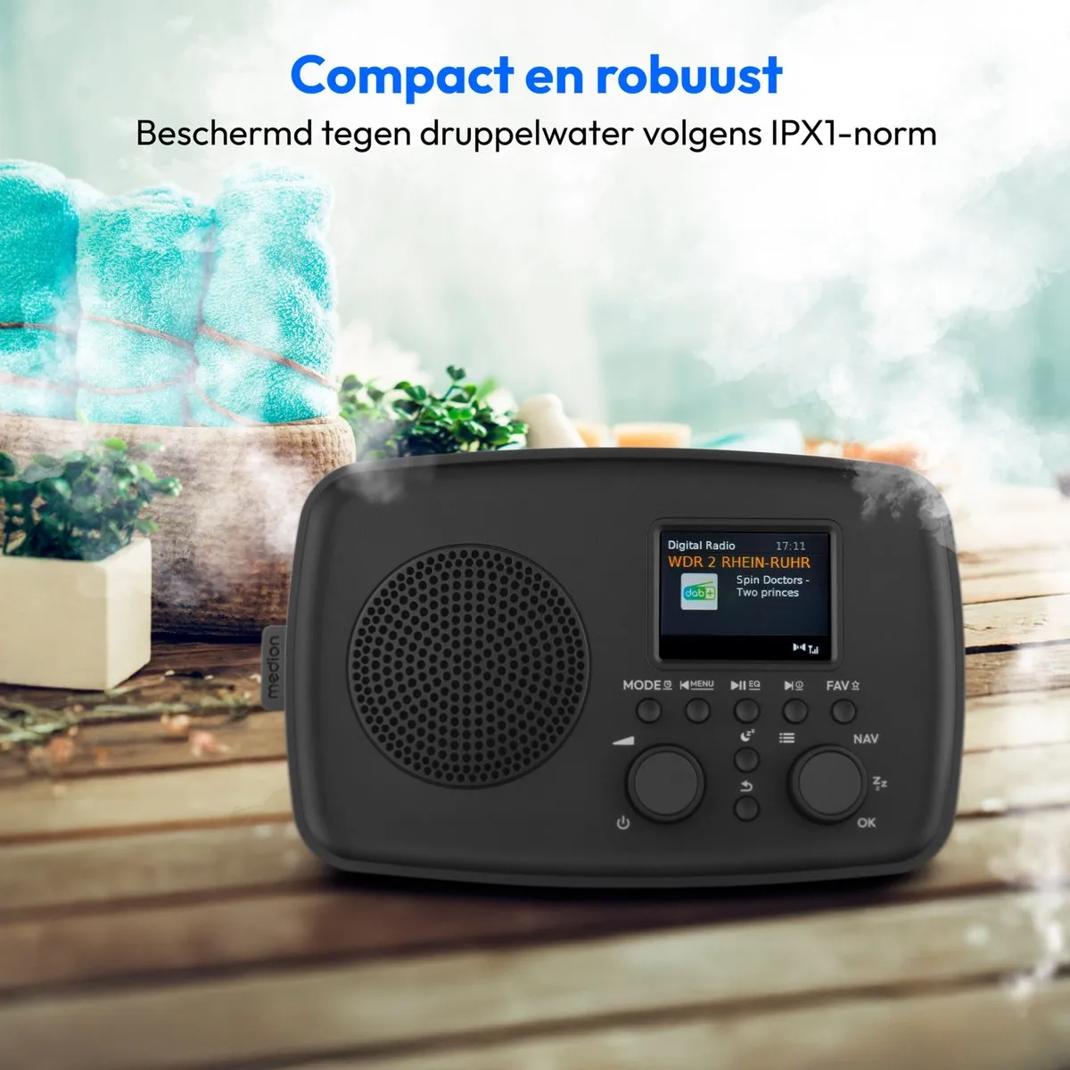 MEDION DAB+ radio met Bluetooth DRE-1 (DAB Plus, FM-radio, druppelbescherming, telescoopantenne, wekker, sluimerfunctie, instelbare display-dimmer, ASA-noodwaarschuwingssysteem), zwart