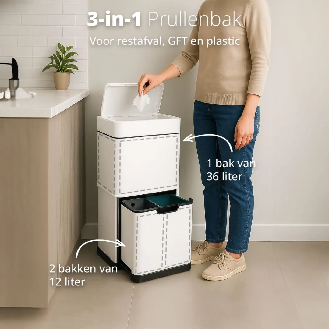 FlinQ Senzaro Prullenbak 60L - 2 Vakken - Wit