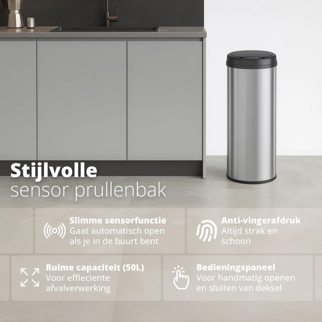 FlinQ Peak Sensor Prullenbak 50L - Zilver