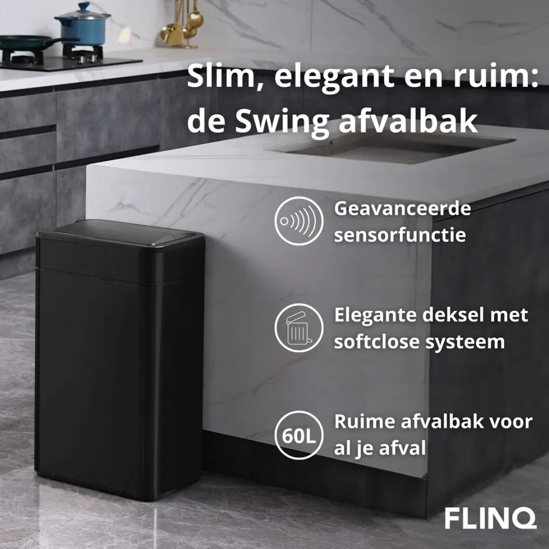 FlinQ Swing Sensor Prullenbak 60L - Zwart