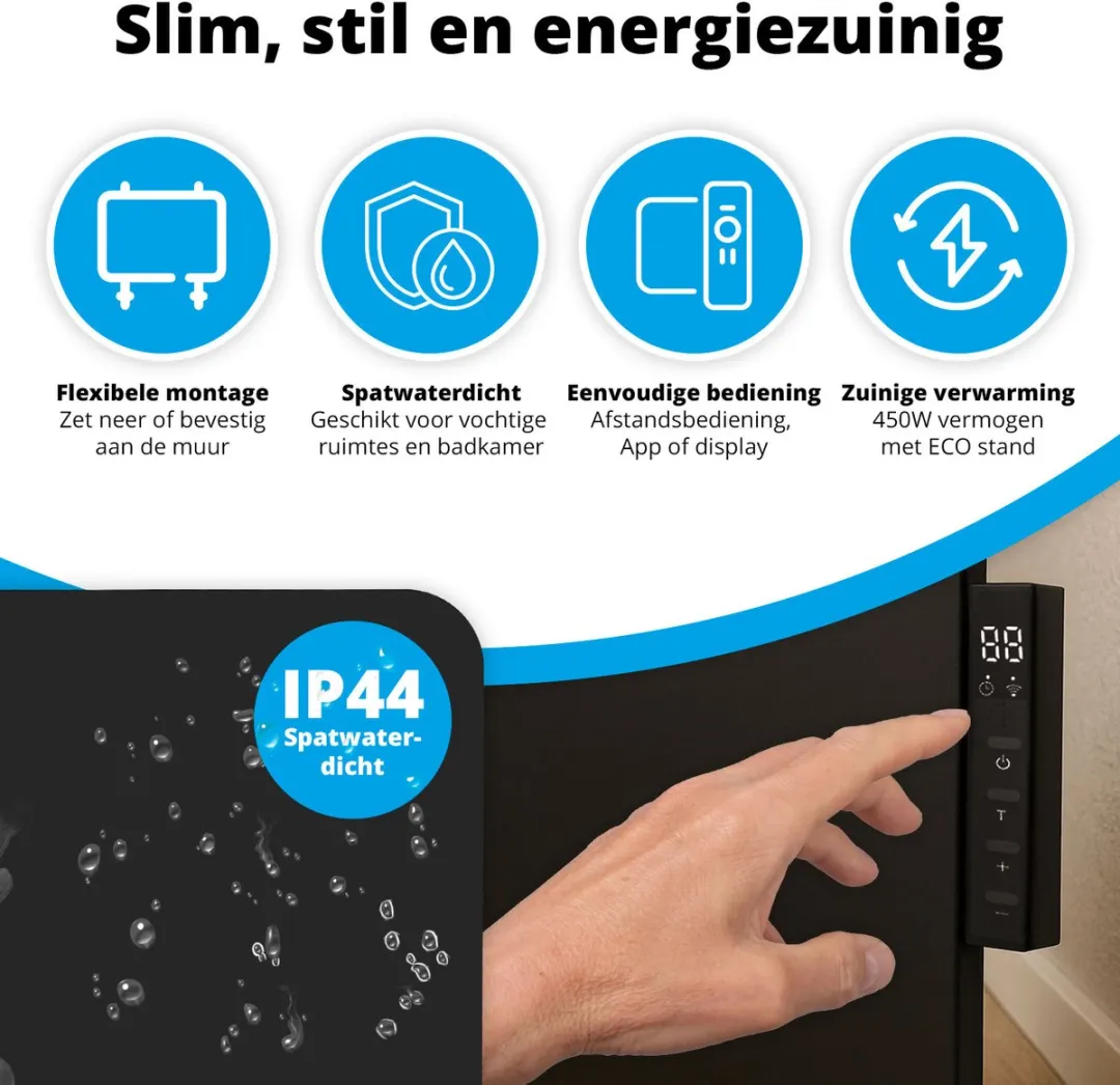 FlinQ Slimme Infrarood Verwarmingspaneel 450W - Zwart